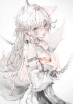  1girl absurdres animal_ear_fluff animal_ears ball bare_shoulders chain collar collar_tug commentary cowboy_shot crying crying_with_eyes_open cuffs detached_sleeves dress english_commentary from_side grey_hair hair_between_eyes hand_up highres holding holding_ball komi_eshi liquid long_hair long_sleeves looking_at_viewer open_mouth original simple_background solo standing streaming_tears tag tail tears white_background white_dress wolf_ears wolf_girl wolf_tail 