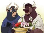  anthro beard bison black_hair blue_eyes blue_shirt bovine buffalo clothed clothing duo eclipsewolf el&iacute;seo facial_hair facial_piercing ferdinand_the_bull flower hair hooved_fingers horn male mammal nose_piercing nose_ring piercing plant simple_background white_shirt 