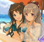  2girls beach beach_umbrella bikini black_hair blue_bikini blue_eyes breasts choker cleavage commentary cup drinking_straw floral_print grey_hair hanetsuka holding holding_cup ice ice_cube idolmaster idolmaster_shiny_colors long_hair mitsumine_yuika multiple_girls navel ocean open_mouth ponytail see-through_clothes see-through_shirt shirt small_breasts smile swimsuit two_side_up umbrella white_bikini yukoku_kiriko 