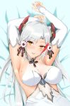  alternate_costume antenna_hair armpits arms_up azur_lane bangs bed_sheet blush breasts bridal_gauntlets brown_eyes commentary dress eyebrows_visible_through_hair gloves hair_between_eyes hair_ornament headgear highres large_breasts long_hair looking_at_viewer lying mole mole_on_breast multicolored_hair on_back open_mouth parted_lips prinz_eugen_(azur_lane) red_hair sapphire_(stone) see-through shira_hon silver_hair smile solo streaked_hair two_side_up very_long_hair wedding_dress white_dress white_gloves 