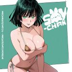  1girl aqua_background areola_slip arm_support arm_under_breasts artist_name barefoot bikini blush border breasts brown_bikini collarbone commentary_request english_commentary fubuki_(one-punch_man) green_eyes green_hair kneeling large_breasts micro_bikini mixed-language_commentary navel one-punch_man open_mouth outside_border patreon_username short_hair side-tie_bikini_bottom smile solo soyiamchan string_bikini swimsuit twitter_username white_border 