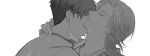  2boys adam&#039;s_apple collared_shirt couple dion_lesage eyelashes final_fantasy final_fantasy_xvi fingernails from_side greyscale hand_on_another&#039;s_neck head_back highres male_focus monochrome multiple_boys onigiruru parted_hair parted_lips profile shirt short_hair short_sideburns simple_background teeth terrence_(ff16) upper_body white_background yaoi 