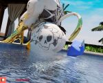 3d_(artwork) anthro back_tattoo big_butt blue_hood bulge butt butt_tattoo camseven day digital_media_(artwork) domestic_cat duo epic_games felid feline felis fortnite fur furgonomic_headwear furgonomic_hood furgonomics gold_body hi_res in_pool looking_at_another&#039;s_butt male mammal meowdas muscular muscular_anthro muscular_male nyanja_(fortnite) partially_submerged patreon patreon_logo sky tail tattoo whiskers white_body white_fur