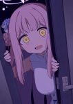  1girl absurdres blue_archive blue_bow blunt_bangs bow breasts crazy_eyes door_handle doorway dress flower hair_bun hair_flower hair_ornament halo highres large_breasts long_hair looking_at_viewer mika_(blue_archive) open_mouth opening_door pink_hair pink_halo pov_doorway purple_flower single_hair_bun single_side_bun sleeveless sleeveless_dress smile solo upper_body white_dress yandere yellow_eyes zddma20 