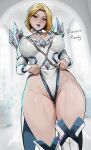  1girl absurdres aelion_draws ass_visible_through_thighs blonde_hair blue_eyes blue_lips breasts choker come_hither curvy emma_frost english_text heart highres large_breasts leotard lipstick long_sleeves looking_at_viewer makeup marvel marvel_rivals mole mole_on_groin mole_on_thigh partially_visible_vulva short_hair smile solo thick_thighs thigh_gap thighs wide_hips x-men 