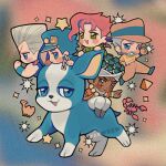  118ween 5boys :3 animal beard blue_eyes blue_hat blush border brown_eyes chain chibi chibi_only commentary commentary_request dark-skinned_male dark_skin dog earrings facial_hair food-themed_earrings green_eyes grey_hair grin hat iggy_(jojo) jean_pierre_polnareff jewelry jojo_no_kimyou_na_bouken joseph_joestar joseph_joestar_(old) kakyoin_noriaki kepi kujo_jotaro lowres male_focus military_hat mohammed_avdol multiple_boys open_mouth pointing pointing_forward pyramid_(structure) red_hair riding scorpion shirt smile sparkle star_(symbol) stardust_crusaders teeth 