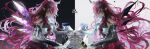  1girl absurdres bare_shoulders black_collar blue_eyes collar crystal_wings dress elbow_gloves fingerless_gloves from_side gloves highres holding_hands hololive hololive_english irys_(hololive) long_hair multiple_persona pink_eyes pointy_ears quasarcake red_hair solo upper_body white_dress 