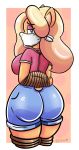  2018 abstract_background anthro arms_tied bandicoot big_butt blonde_hair bound breasts butt clothed clothing crash_bandicoot_(series) daisy-pink71 denim_shorts female fully_clothed gag gagged green_eyes hair hands_behind_back hi_res legs_tied legs_together long_hair looking_at_viewer looking_back mammal marsupial rear_view rope shirt shorts solo standing t-shirt tawna_bandicoot tight_clothing video_games 