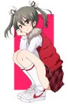 1girl alternate_costume border from_side green_eyes green_hair hair_between_eyes hair_ribbon highres kantai_collection long_hair looking_at_viewer looking_to_the_side nel-c nike_(company) pink_background plaid_clothes plaid_skirt red_skirt red_vest ribbon shoes simple_background skirt smile sneakers socks squatting sweater thighs twintails vest white_border white_ribbon white_socks white_sweater zuikaku_(kancolle) 
