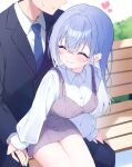  1boy 1girl ^_^ bare_legs black_suit blue_necktie blush breasts closed_eyes dress eyes_out_of_frame head_out_of_frame heart hetero highres idolmaster idolmaster_shiny_colors long_hair long_sleeves medium_breasts necktie on_bench outdoors producer_(idolmaster) purple_dress shirasato_(phzm8733) shirt sitting sitting_on_person smile straight_hair suit suzuki_hana thighs white_shirt 