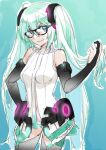  1girl absurdres ahoge aqua_background aqua_eyes aqua_hair bare_shoulders bespectacled black-framed_eyewear black_gloves bridal_gauntlets commentary costume_request cowboy_shot glasses gloves gradient_background hair_between_eyes hand_in_own_hair hand_on_own_hip hatsune_miku hatsune_miku_(append) highres long_hair looking_at_viewer midriff_peek panties science_fiction shirt sketch sleeveless sleeveless_shirt smile solo thighhighs turtleneck turtleneck_shirt twintails underwear very_long_hair vocaloid white_panties white_shirt yanagi_yukito 