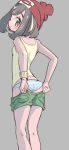  ass bangs blouse blush chorimokki commentary_request green_shorts light_blush looking_at_viewer mizuki_(pokemon) open_mouth panties pantyshot pokemon pokemon_(game) pokemon_sm shorts simple_background solo underwear 