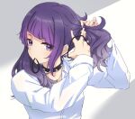  1girl black_choker blunt_bangs choker collarbone diagonal_bangs dress_shirt grey_background hair_tie hair_tie_in_mouth hands_up highres holding holding_hair_tie holding_own_hair idolmaster idolmaster_shiny_colors ito_(itokayu) long_hair long_sleeves looking_to_the_side mouth_hold nail_polish purple_eyes purple_hair purple_nails shirt simple_background solo studded_choker tanaka_mamimi tying_hair upper_body white_shirt 