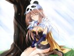  1girl 2000s_(style) alchemist_(ragnarok_online) bad_id blue_gloves breasts brown_cape brown_dress brown_hair cape cleavage closed_eyes commentary_request dress elbow_gloves fingerless_gloves full_body fur_collar gloves long_hair medium_breasts open_mouth panda_hat ragnarok_online short_dress sitting sleeping sleeping_upright solo strapless strapless_dress tokita tree under_tree 