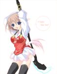  1girl 2000s_(style) arms_up bad_id black_thighhighs blue_eyes breasts brown_hair commentary_request cowboy_shot dress energy_spear happy_new_year looking_at_viewer medium_breasts open_mouth phantasy_star phantasy_star_universe pointy_ears red_vest short_dress short_hair simple_background smile solo thighhighs tokita vest white_background white_dress 