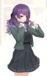  1girl absurdres black_bow black_dress bow collared_shirt cowboy_shot diagonal_bangs dress frilled_skirt frills green_jacket highres idolmaster idolmaster_shiny_colors ito_(itokayu) jacket long_hair official_alternate_costume playing_with_own_hair purple_eyes purple_hair school_uniform shirt skirt solo tanaka_mamimi white_shirt 