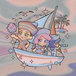  118ween 1girl 2boys alternate_costume binoculars bird blue_eyes blue_hair blue_hat blue_pants blue_sailor_collar blue_shirt boat brown_eyes brown_hair brown_hat brown_shirt chibi chibi_only closed_mouth commentary commentary_request dixie_cup_hat hair_bobbles hair_ornament hat heterochromia higashikata_josuke_(jojolion) hirose_yasuho holding jojo_no_kimyou_na_bouken jojolion locacaca lowres mamezuku_rai military_hat multiple_boys open_mouth palm_tree pants pink_eyes pink_hair purple_eyes sailor sailor_collar sailor_hat seagull seashell shell shirt short_hair smile sparkle star_(symbol) starfish telescope tree watercraft 