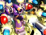  1boy debris explosion firing head-mounted_gun mega_man_(classic) mega_man_(series) mega_man_5 missile missile_pod missile_trail napalm_man napo robot weapon 