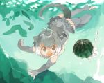  animal_ears bare_shoulders barefoot commentary_request elbow_gloves eyebrows_visible_through_hair fingerless_gloves food frilled_swimsuit frills fruit fur_collar gloves grey_hair kemono_friends konabetate multicolored_hair one-piece_swimsuit open_mouth otter_ears otter_tail partially_submerged short_hair small-clawed_otter_(kemono_friends) solo swimming swimsuit tail thighhighs toeless_legwear water watermelon white_hair 