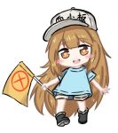  :d bailingxiao_jiu bangs black_footwear blue_shirt blush boots brown_eyes brown_hair brown_shorts character_name chibi chinese_commentary clothes_writing commentary_request eyebrows_visible_through_hair flag flat_cap full_body grey_hat hat hataraku_saibou heart heart-shaped_pupils holding holding_flag long_hair open_mouth platelet_(hataraku_saibou) round_teeth shirt short_shorts short_sleeves shorts simple_background smile solo standing symbol-shaped_pupils teeth upper_teeth very_long_hair white_background 