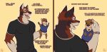 2025 absurd_res anchor anthro artist_name black_body black_clothing black_ears black_fur black_shirt black_t-shirt black_topwear blue_clothing blue_seam_shirt blue_shirt blue_t-shirt blue_topwear bracelet brown_eyes canid canine canis claws clothing dated dialogue echo_(game) echo_(series) echo_project english_text facial_hair front_view fur goatee hi_res jewelry leo_alvarez male mammal marionette mental_illness muscular muscular_male mustelid obsession open_mouth otter outline petting rear_view red_body red_fur sequence sharp_teeth shirt simple_background solo t-shirt teeth text topwear ventkazemaru watermark whisker_spots white_arms white_seam_shirt wolf yellow_background