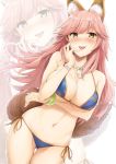  akita_hika animal_ear_fluff animal_ears arm_under_breasts bad_id bad_twitter_id bangs bare_shoulders bikini blue_bikini blush bracelet breast_hold breasts cleavage collarbone commentary_request eyebrows_visible_through_hair fate/extra fate/grand_order fate_(series) fox_ears fox_tail hand_on_own_cheek highres hips jewelry large_breasts long_hair looking_at_viewer navel necklace open_mouth pink_hair side-tie_bikini sidelocks simple_background smile solo swept_bangs swimsuit tail tamamo_(fate)_(all) tamamo_no_mae_(swimsuit_lancer)_(fate) thighs tongue tongue_out wet white_background yellow_eyes 
