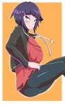  1girl audio_jack black_eyes black_jacket blunt_bangs blush boku_no_hero_academia border breasts earplugs highres jacket jiro_kyoka large_breasts long_earlobes looking_at_viewer orange_background pants purple_hair red_shirt senak012 shirt short_hair smile solo white_border 