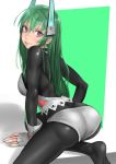  1girl arched_back artist_request ass black_legwear bodysuit breasts fingerless_gloves from_behind gloves green_hair headgear highres kneeling long_hair looking_at_viewer looking_back menou_kaname original purple_eyes shorts sideboob smile solo 