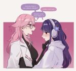  2girls animal_ears black_gloves black_shirt blush coat commentary elbow_gloves english_commentary english_text fang flower fox_ears genshin_impact glasses gloves hair_flower hair_ornament hand_on_another&#039;s_chin headphones heart hood hoodie long_hair looking_at_another multiple_girls nonons open_mouth pink_background pink_hair purple_eyes purple_flower purple_hair raiden_shogun shirt smile speech_bubble twitter_username two-tone_background white_background white_coat white_hoodie yae_miko yuri 