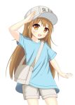  :d arm_up bag bangs blue_shirt blush brown_eyes brown_hair character_name chinese_commentary clothes_writing commentary_request cowboy_shot eyebrows_visible_through_hair flat_cap grey_hat grey_shorts hat hataraku_saibou highres long_hair looking_at_viewer open_mouth platelet_(hataraku_saibou) salute shirt short_shorts short_sleeves shorts shoulder_bag simple_background smile solo very_long_hair white_background xiaosamiao 