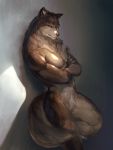  anthro canine crossed_arms crossed_legs featureless_crotch fur hi_res kazashino looking_at_viewer male mammal muscular muscular_male nude simple_background solo were werewolf 