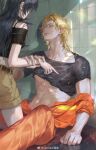  1boy 1girl abs aqua_eyes bare_shoulders belt black_belt black_hair black_shirt blonde_hair brown_shorts catshark_maosha chinese_commentary closed_mouth clothes_lift collarbone covered_face crop_top curtained_hair feet_out_of_frame heroine_(lovebrush_chronicles) hetero highres holding_another&#039;s_wrist indoors jumpsuit jumpsuit_around_waist kneeling lars_rorschach leg_between_thighs lips long_hair looking_at_another looking_up lovebrush_chronicles midriff off-shoulder_shirt off_shoulder on_floor orange_jumpsuit parted_bangs plant shadow shirt shirt_lift short_hair short_sleeves shorts sitting smile tight_clothes tight_shirt tile_wall tiles toned toned_male underpec water_drop watermark weibo_watermark wet wet_clothes wet_hair wet_shirt 