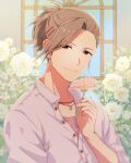  1boy akipantarei_(akipa) brown_eyes brown_hair earrings flower hair_ornament hairclip highres holding holding_flower idolmaster idolmaster_side-m jewelry looking_at_viewer male_focus necklace partially_unbuttoned ponytail portrait shirt short_ponytail smile solo undershirt watanabe_minori white_flower white_shirt 