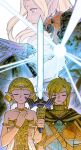  2girls 3boys armlet armor bare_shoulders black_cloak blonde_hair bracelet braid breasts circlet cloak crown_braid dark-skinned_male dark_skin dress earrings ganondorf green_eyes hair_between_eyes hand_on_own_chest highres holding holding_sword holding_weapon jewelry leather_armor link long_hair master_sword medium_breasts medium_hair mouyi multiple_boys multiple_girls parted_bangs pendant_choker pointy_ears princess_zelda rauru_(tears_of_the_kingdom) red_hair short_hair sidelocks sonia_(zelda) strapless strapless_dress sweater sword teardrop_facial_mark the_legend_of_zelda the_legend_of_zelda:_tears_of_the_kingdom turtleneck turtleneck_sweater upper_body weapon zonai 