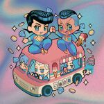  118ween 4boys :p black_hair blue_eyes blue_gakuran blue_hair brooch chibi chibi_only coin commentary commentary_request cow diamond_(gemstone) diamond_wa_kudakenai dollar_sign food food_truck gakuran gem grey_hair hazekura_mikitaka heart heart_brooch higashikata_josuke hirose_koichi holding_hands ice_cream_cone jewelry jojo_no_kimyou_na_bouken lowres male_focus motor_vehicle multicolored_hair multiple_boys nijimura_okuyasu peace_symbol pompadour school_uniform smile sparkle steering_wheel tongue tongue_out two-tone_hair ufo van yamagishi_yukako 