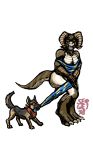  2018 annoyed anthro big_breasts breasts butt canine claws clothing deathclaw digital_media_(artwork) dog dogmeat fallout female feral fur hi_res horn jumpsuit mammal nude pose scalie sergej simple_background torn_clothing video_games 