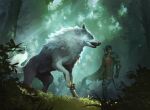  2boys absurdres armor black_cape bracer bush cape clive_rosfield commentary fangs final_fantasy final_fantasy_xvi forest grass grey_fur grey_wolf highres looking_to_the_side magic:_the_gathering multiple_boys narendrabadi nature official_art standing torgal_(ff16) wolf yellow_eyes 