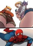  1boy 2girls animal_ears artist_name blonde_hair blue_bodysuit blue_eyes blue_lips bodysuit breasts brown_hair brown_jacket brown_tail cleavage crop_top emma_frost from_below green_eyes highres jacket jewelry large_breasts leotard looking_at_another looking_at_viewer marvel marvel_rivals mask multiple_girls orange_hair pov red_bodysuit short_hair shorts simple_background smile spider-man spider_web_print squirrel_ears squirrel_girl squirrel_girl_(marvel) superhero_costume thick_thighs thighhighs thighs two-tone_bodysuit yuushiba 