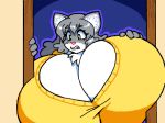  bangs big_breasts breasts cat cleavage clothed clothing eyelashes feline female fur green_eyes grey_fur grey_hair hair hand_on_breast huge_breasts hyper hyper_breasts mammal poofy_hair simple_background stuck sweater upset w-oo-t white_fur yellow_sweater 