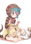  :3 animal_ears back_bow bare_legs barefoot belt blue_hair blush bow bowtie buchi_(y0u0ri_) cat_ears closed_eyes commentary_request elbow_gloves embarrassed eyebrows_visible_through_hair flying_sweatdrops gloves high-waist_skirt highres hood hoodie kemono_friends lap_pillow long_sleeves multicolored_hair multiple_girls neck_ribbon no_shoes ribbon sand_cat_(kemono_friends) seiza short_hair sitting skirt sleeveless snake_tail tail tsuchinoko_(kemono_friends) 