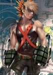  abs arms_at_sides artist_name bakugou_katsuki bare_arms bare_shoulders belt black_pants black_tank_top blonde_hair boku_no_hero_academia chest collarbone cowboy_shot domino_mask explosive garter_belt garter_straps gauntlets graffiti grenade grin half-closed_eyes head_tilt impossible_clothes lips looking_at_viewer male_focus mask pants red_hair shiny shiny_clothes short_hair skin_tight smile solo spiked_hair standing tank_top teeth toned toned_male wall weapon zumi_(zumidraws) 
