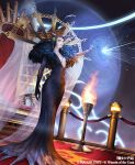  1girl black_dress black_feathers breasts claws cleavage dress edea_kramer feather-trimmed_dress feathers final_fantasy final_fantasy_viii fire full_body hair_ornament headdress ittoku_art long_dress magic:_the_gathering medium_breasts official_art outstretched_hand pale_skin plunging_neckline short_hair solo square_enix tassel tassel_hair_ornament very_short_hair 