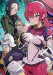  2girls 3boys absurdres amate_yuzuriha beanie black_hair blonde_hair breasts challia_bull char_aznable closed_mouth commentary comoli_harcourt conch_(gundam) grabbing_own_breast grey_hair gundam gundam_gquuuuuux haowei_wu haro hat helmet highres looking_at_viewer mecha mecha_pilot_suit medium_breasts military_uniform mobile_suit multiple_boys multiple_girls open_mouth purple_hat red_gundam red_hair robot science_fiction shuji_ito 
