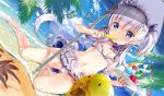  apron azur_lane beach beach_umbrella belchan_(azur_lane) belfast_(azur_lane) blue_eyes braid breasts bug butterfly commentary_request day dutch_angle eating eyebrows_visible_through_hair fisheye food french_braid fujima_takuya horizon insect long_hair looking_at_viewer maid_bikini maid_headdress mouth_hold navel one_side_up outdoors popsicle side_braid silver_hair sitting small_breasts solo tray umbrella waist_apron water yokozuwari 