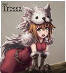  animal_hood ass bangs belt breasts brown_hair cape character_name covered_navel crossed_bangs dress fur_cape gloves green_eyes grey_background hair_between_eyes highres hood leaning_forward medium_breasts octopath_traveler open_mouth paw_gloves paws red_dress shiranaihito short_hair solo sweat tressa_(octopath_traveler) wolf_hood 