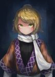  :/ arm_warmers arms_at_sides bangs black_shirt blonde_hair blue_background blush brown_shirt expressionless fjsmu gradient gradient_background green_eyes hair_bun highres looking_at_viewer mizuhashi_parsee pointy_ears sash scarf shaded_face shirt shirt_under_shirt short_hair short_sleeves simple_background slit_pupils solo swept_bangs touhou white_scarf 