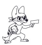  2018 anthro barefoot black_and_white canine carrying clothed clothing disney duo ear_markings facial_markings female fox frown fuel_(artist) fur_markings gun handgun head_tuft holding_object holding_weapon jack_savage lagomorph male mammal markings mask monochrome pistol rabbit ranged_weapon simple_background skye_(zootopia) standing weapon white_background zootopia 