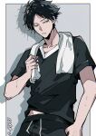  1boy black_hair black_pants black_shirt c138300 collarbone cowboy_shot drawstring drop_shadow film_grain haikyuu!! highres looking_to_the_side male_focus midriff_peek pants parted_bangs parted_lips shirt short_sleeves sideways_glance solo standing suna_rintarou sweat towel towel_around_neck v-neck wet wet_hair 