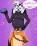 2025 4:5 4_fingers 5_fingers absurd_res anthro arms_bent artist_logo beady_eyes belly belly_on_head big_belly black_body black_eyes black_fur black_nose black_tail blue_clothing blue_eyes blue_hat blue_headwear blush bottomwear breasts brown_body brown_claws brown_eyewear brown_fur brown_glasses brown_nose claw_fingers claws clothed clothed_anthro clothed_female clothed_male clothing colored delivery_(commerce) delivery_employee dialogue digital_drawing_(artwork) digital_media_(artwork) duo english_description english_text eulipotyphlan eyeshadow eyewear female female_anthro finger_claws fingers front_view fully_clothed fully_clothed_anthro fully_clothed_female fur glasses hair hand_on_hip hand_on_own_hip hat headgear headwear hi_res holding_clothing holding_hat holding_headgear holding_headwear holding_object interspecies interspecies_pregnancy larger_anthro larger_female light lighting logo long_tail looking_down_at_partner looking_up_at_partner mail_mole mailbag makeup male male/female mammal markings mayternity mayternity_2025 mephitid mole_(animal) molty multicolored_body multicolored_fur name_drop name_in_dialogue pink_tongue postal_carrier postal_delivery pregnant pregnant_anthro pregnant_female purple_background purple_bottomwear purple_claws purple_clothing purple_eyeshadow purple_shirt purple_skirt purple_topwear scarlett_(mail_mole) semi-anthro shaded shirt short_hair shoulder_bag simple_background size_difference skirt skunk skywater smaller_male smile smiling_at_another smiling_at_partner speech_bubble standing tail tail_markings talpa_games tan_body tan_fur teeth text tongue topwear two_tone_body two_tone_fur two_tone_tail white_body white_fur white_hair white_inner_ear white_markings