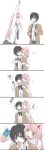  1girl ? bangs beige_blazer black_hair blazer blue_eyes blush bow cellphone closed_eyes collared_shirt comic commentary_request couple darling_in_the_franxx eyebrows_visible_through_hair finger_to_mouth green_eyes hair_ornament hairband heart hetero highres hiro_(darling_in_the_franxx) holding holding_cellphone holding_phone horns hug hug_from_behind jacket long_hair long_image looking_at_another necktie oni_horns open_clothes open_shirt phone pink_hair red_horns sakuragouti school_uniform shirt speech_bubble striped striped_neckwear sweat tall_image v white_hairband white_shirt wing_collar zero_two_(darling_in_the_franxx) 